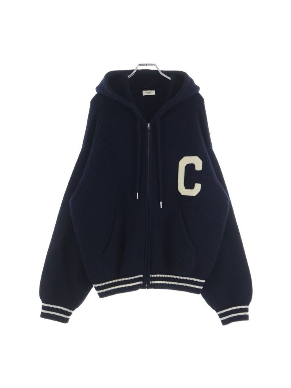 Celine Carre C Logo Zip Up Wool Knit Hoodie Navy View 2